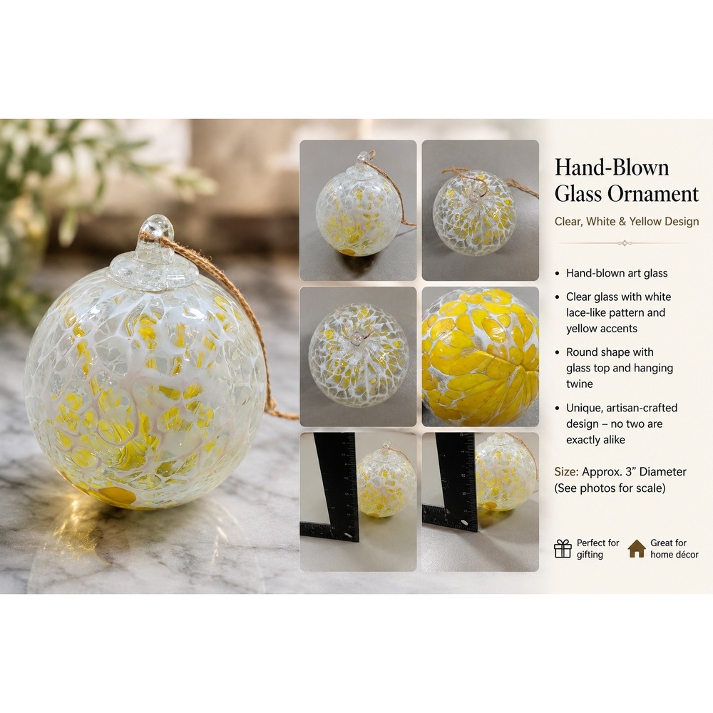 Hand Blown Glass Ornament Yellow White Webbed Witch Ball Suncatcher 4 inch